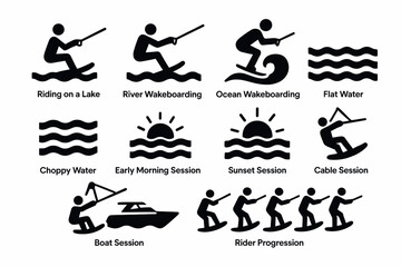 Wakeboarding icons: silhouettes of water sports activities and sessions