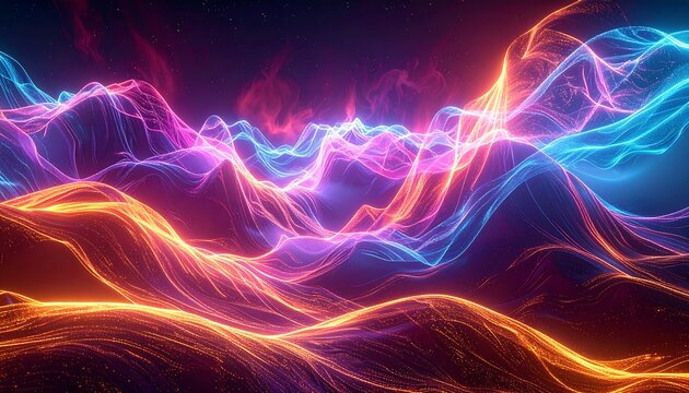 Abstract luminous waves rise and fall, glowing with vibrant hues of pink, blue and orange against a starry backdrop - Powered by Adobe
