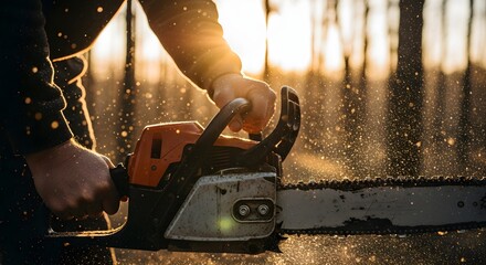 Close-up of a person operating a chainsaw, with sawdust flying, in a forest setting with sunlight filtering through the trees.