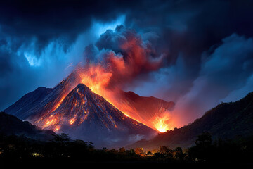 Volcano Erupting at Twilight with Lava Flow
