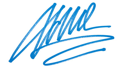 Blue scribble signature on white background