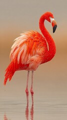 Graceful flamingo with vibrant orange and white feathers, standing in clear water with droplets, against a soft, warm-toned background.