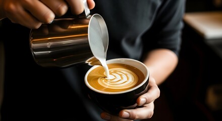 Barista pouring milk from a metal pitcher into a paper cup of coffee, creating latte art.