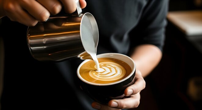 Barista pouring milk from a metal pitcher into a paper cup of coffee, creating latte art.