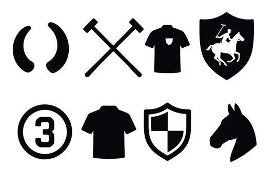 Elegant polo icons set featuring horse, rider, and equipment silhouettes