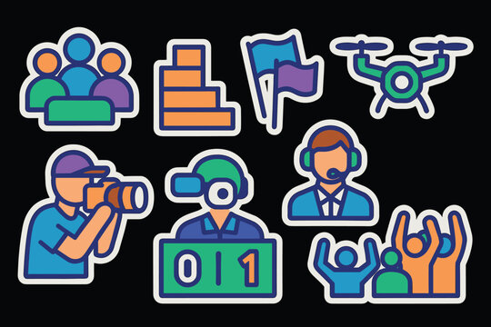 Colorful digital lifestyle icons set on black background for modern tech themes