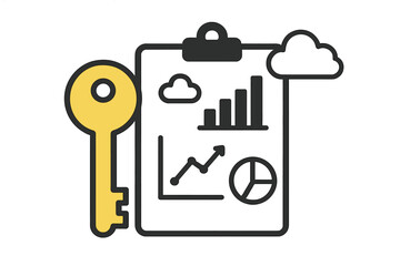 Golden key next to clipboard showing data analysis and cloud insights