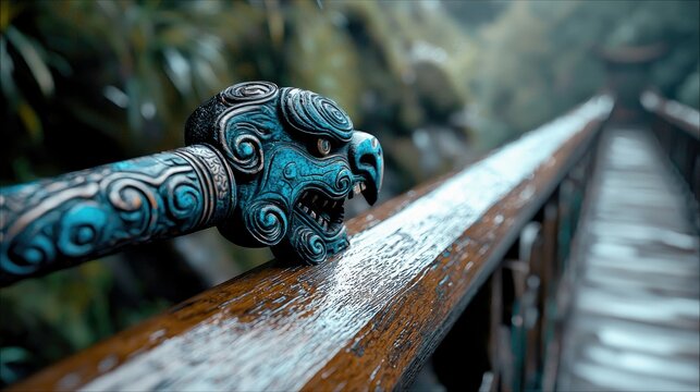 A close-up of an ornate, blue dragon-shaped handle resting on a wet wooden bridge railing. The background shows a misty forest and a blurred wooden bridge stret - Powered by Adobe
