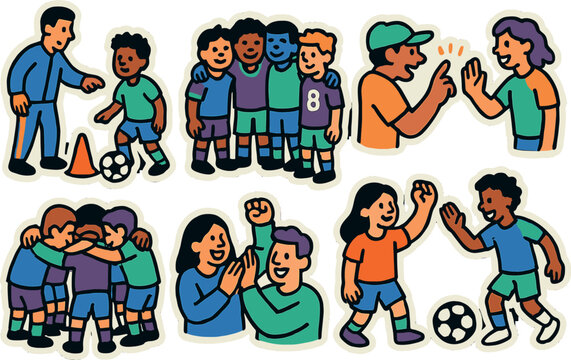 Team spirit: cartoon kids playing soccer, celebrating, and cooperating in sports activities - Powered by Adobe