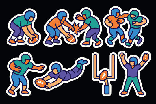 Colorful cartoon american football players and action poses collection