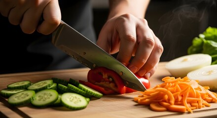 Close-up of hands slicing a red tomato on a wooden cutting board, surrounded by sliced cucumbers and shredded carrots.