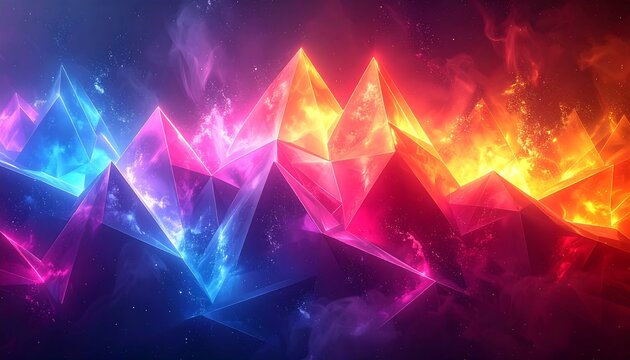 Abstract crystalline mountain range glowing with vibrant blue, purple, red, and orange colors