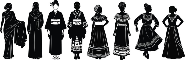 Collection of diverse female silhouettes showcasing traditional costumes from various cultures around the world, isolated on