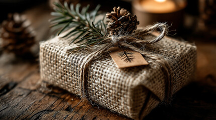 Close up of burlap wrapped gift with pine cone and tag on wooden surface