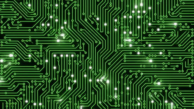 Animated Green Circuit Board With Glowing Nodes Moving Through Wires
