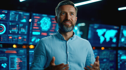 Confident IT professional in a server room with data screens, symbolizing technology expertise