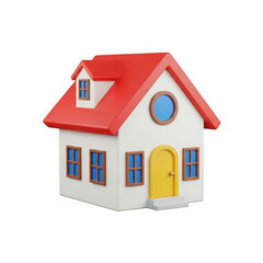 Cute 3d cartoon house with red roof and yellow door isolated on transparent background