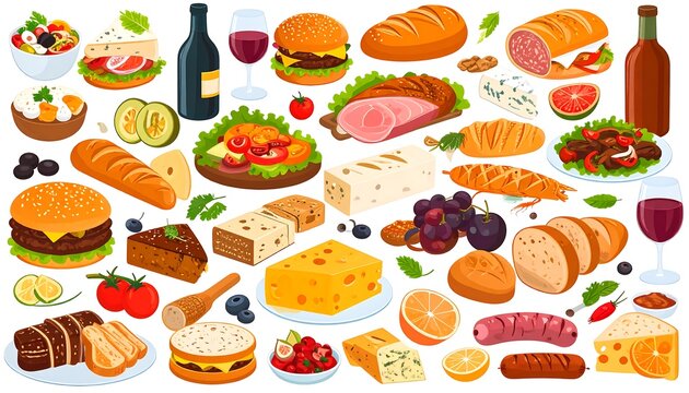 Abundant collection of various foods, including burgers, bread, cheese, meat, fruit, wine, and salad on a white background