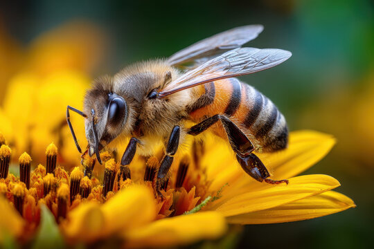 Honeybee collecting pollen on a vibrant yellow flower in extreme closeup