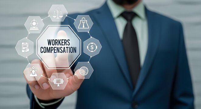 A businessman in a suit touches a virtual interface displaying "Workers Compensation" surrounded by related icons. - Powered by Adobe