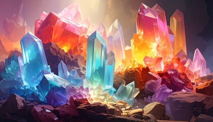 Abstract depiction of a cluster of brightly colored crystalline rock formations with warm, ambient lighting
