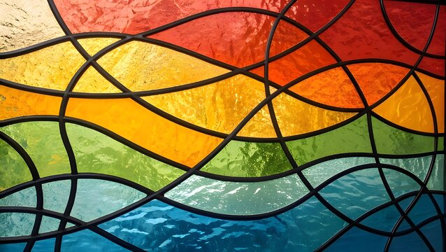 Vibrant wavy stained glass window pattern with warm and cool colors - Powered by Adobe