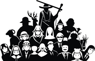 Silhouettes of a large, diverse group of people and fantasy characters, including a wizard and warriors, isolated on