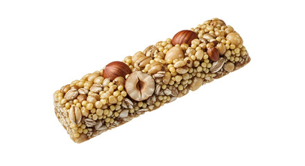Nut and seed energy bar isolated on white background, healthy snack and protein boost, perfect for fitness and outdoor activities