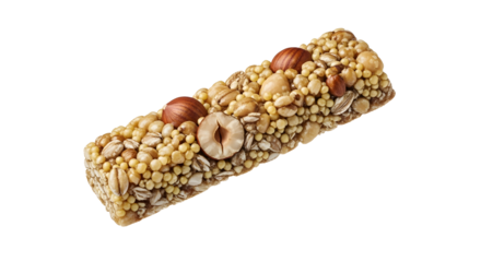 Nut and seed energy bar isolated on white background, healthy snack and protein boost, perfect for fitness and outdoor activities