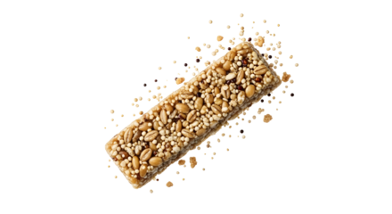Peanut brittle candy bar with scattered nuts over white background, close-up sweet treat perfect for snacks and desserts