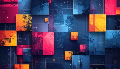 Abstract design with layered squares in red, yellow, and blue with digital-like patterns on dark background