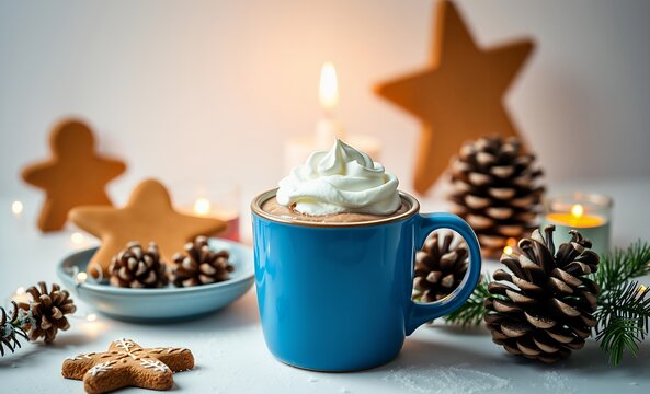Hot winter drink: chocolate with whipped cream in blue mug christmas time cozy home atmosphere white background homemade gingerbread cookies cones candle lights as decor holiday festive mood christmas