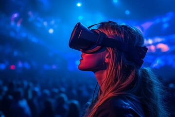 Focused person using high-tech vr headset in neon futuristic space, digital scanning interface, generative AI