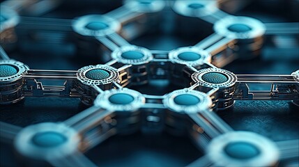 Close-up of an abstract network structure with a futuristic design, featuring interconnected nodes and lines in a blue and silver color scheme.