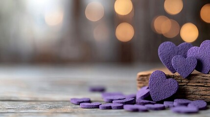 A collection of small, textured purple heart shapes are scattered across a rustic wooden surface. Some larger hearts are clustered on a piece of wood in the bac