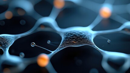 Close-up of a complex abstract neural network structure with glowing spheres, set against a dark background. The image evokes concepts of science, technology, a