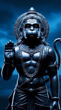 A statue of a divine figure, detailed and illuminated by lightning, set against a dark blue sky