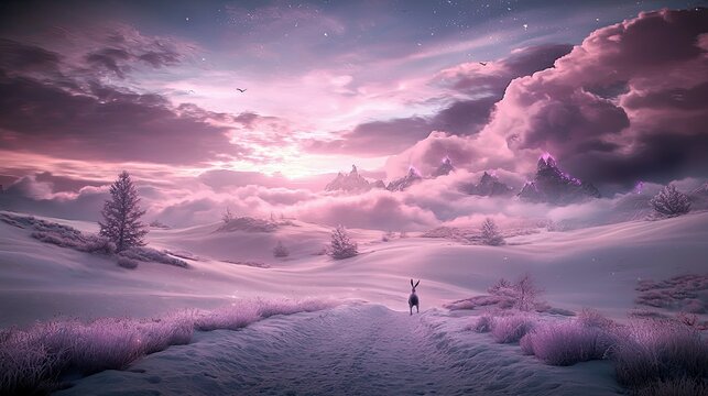 A lone rabbit stands on a snowy path, looking towards dramatic pink clouds and snow-covered mountains under a twilight sky. The landscape is dusted with snow an - Powered by Adobe