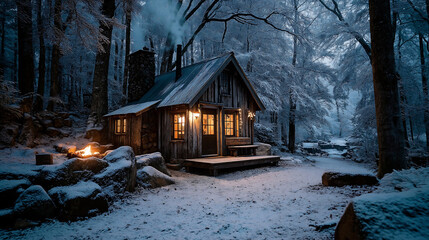 A cozy cabin glows warmly in a snowy forest with a crackling campfire nearby