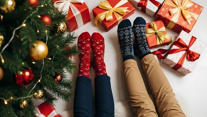 Festive holiday season couple s legs in socks by christmas tree and gifts