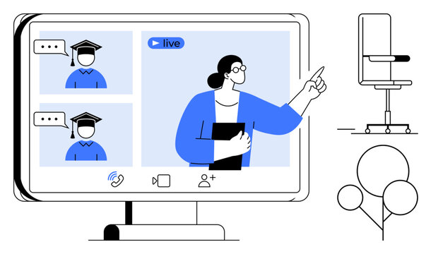 Teacher leading live video class with two students in graduation caps on screen. Ideal for education, e-learning, training, virtual meetings, webinars, remote teamwork, simple flat metaphor