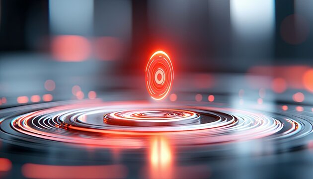 An abstract image of a glowing disc hovering over a circular platform, with a futuristic design and a moody atmosphere.