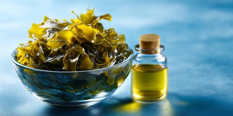 glass bowl filled with vibrant, nutrient-rich regenerative kelp and seaweed products, next to a small bottle of algae oil