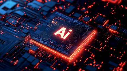 Obraz premium A close-up view of a AI computer chip illuminated on a circuit board. 