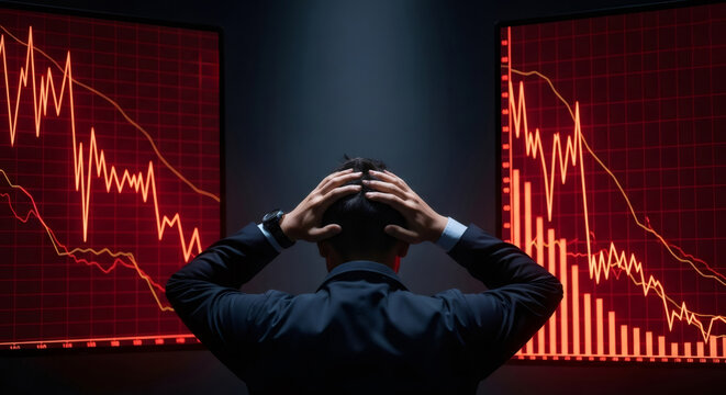 Man experiencing economic crisis, with red financial charts showing market crash. Concept of business failure, stock market downturn, and financial distress.