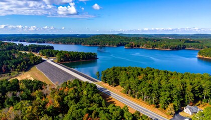 Aerial view of a lake surrounded by autumn trees, dam and road under a bright blue sky with white clouds