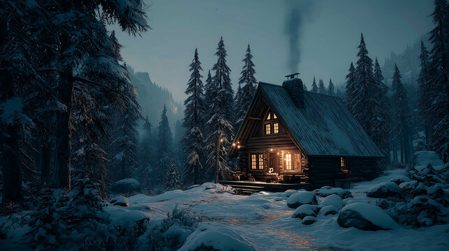 Illuminated cabin nestled in snowy forest landscape at dusk or early evening