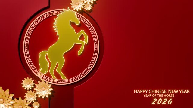 Chinese New Year 2026 festive background featuring an elegant golden horse and vibrant red lantern decorations symbolizing prosperity and happiness 3D Rendering
