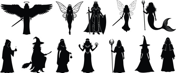 Black silhouettes of fantasy women angels, fairies, witches, mermaids, queens, and mages, isolated on