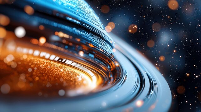 An abstract image of planet rings with bokeh and stars in the background, creating a futuristic and cosmic atmosphere. - Powered by Adobe
